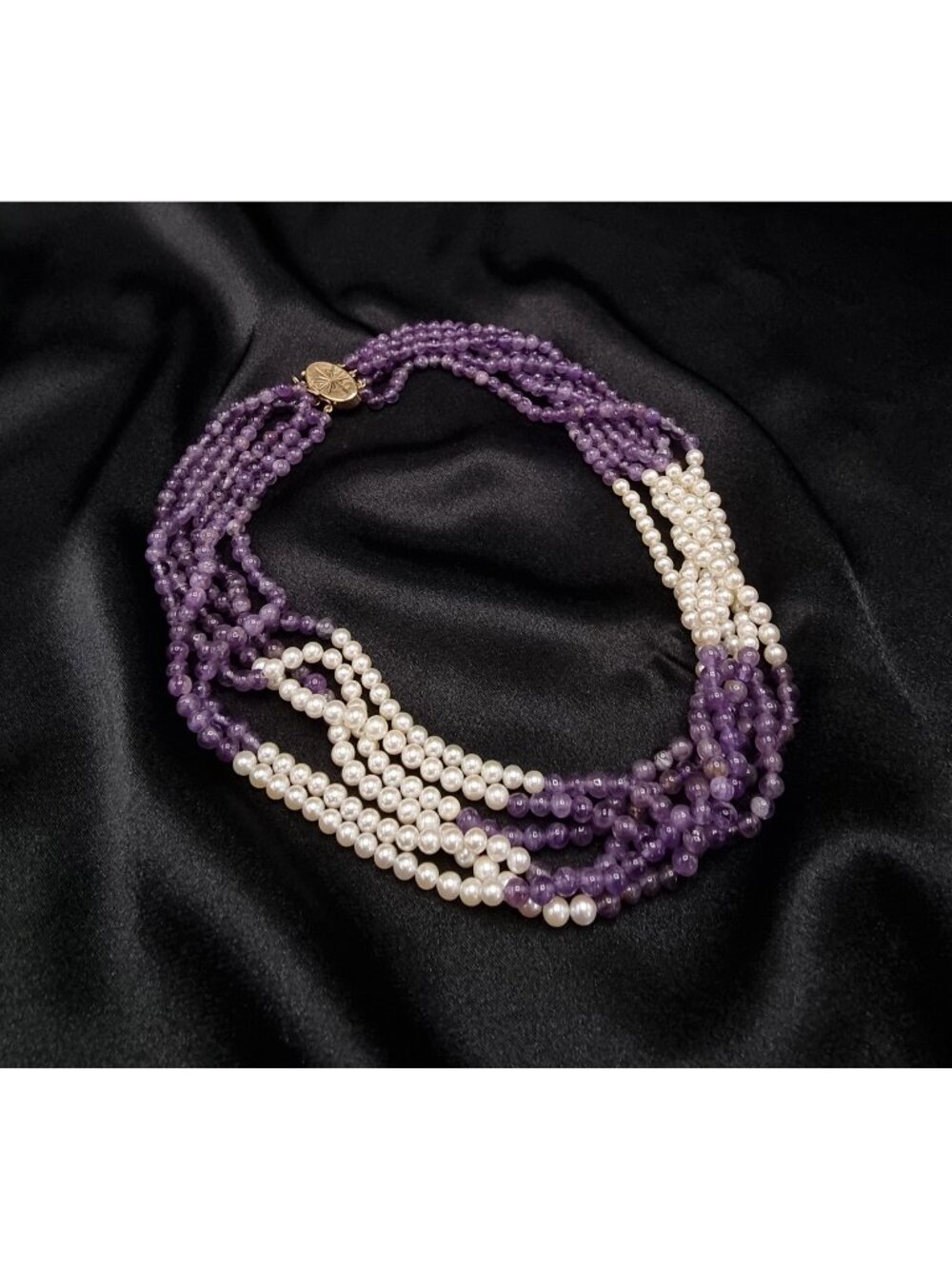 Rare Find Vintage 14K Gold Clasp Genuine Amethyst & Pearl Multi-Strand Necklace